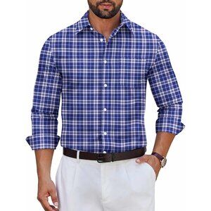 Men’s Long Sleeve Plaid Dress Shirt, Cotton Button-Down Wrinkle-Free Navy Blue